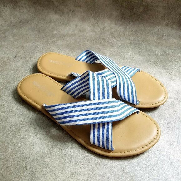 West Loop Womens Size 5/6 Blue White Slide Sandals Flats - Picture 8 of 8